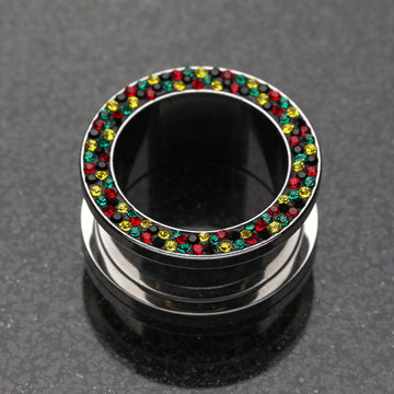 Detail View 1 of A Pair of Multi-Gem Sparkle Rasta Screw-Fit Ear Gauge Tunnel Plug-Rasta